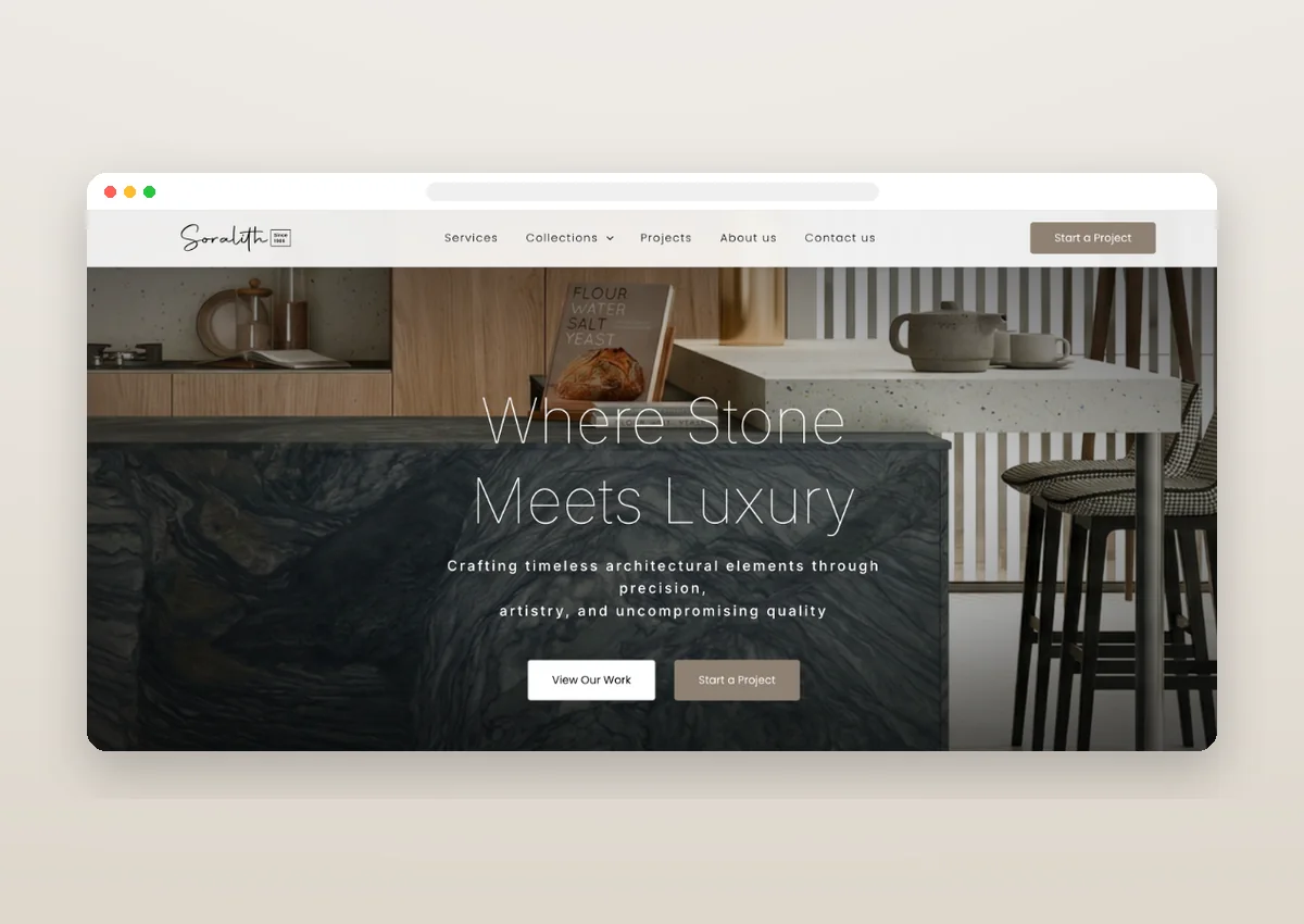 Soralith stone and furniture interior design firm website
