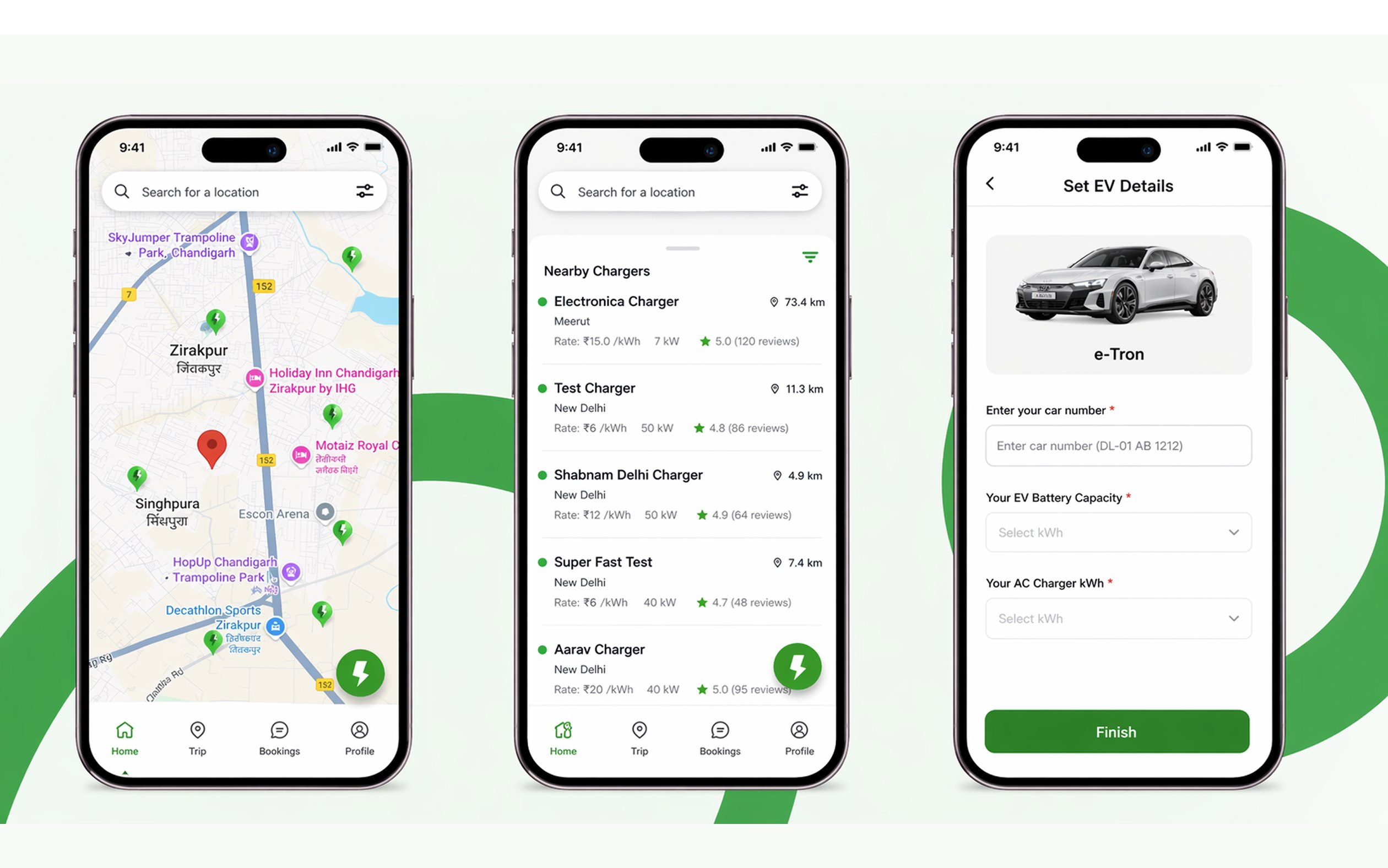 BharatRevolt EV charging app screens showing map, charger search and EV details