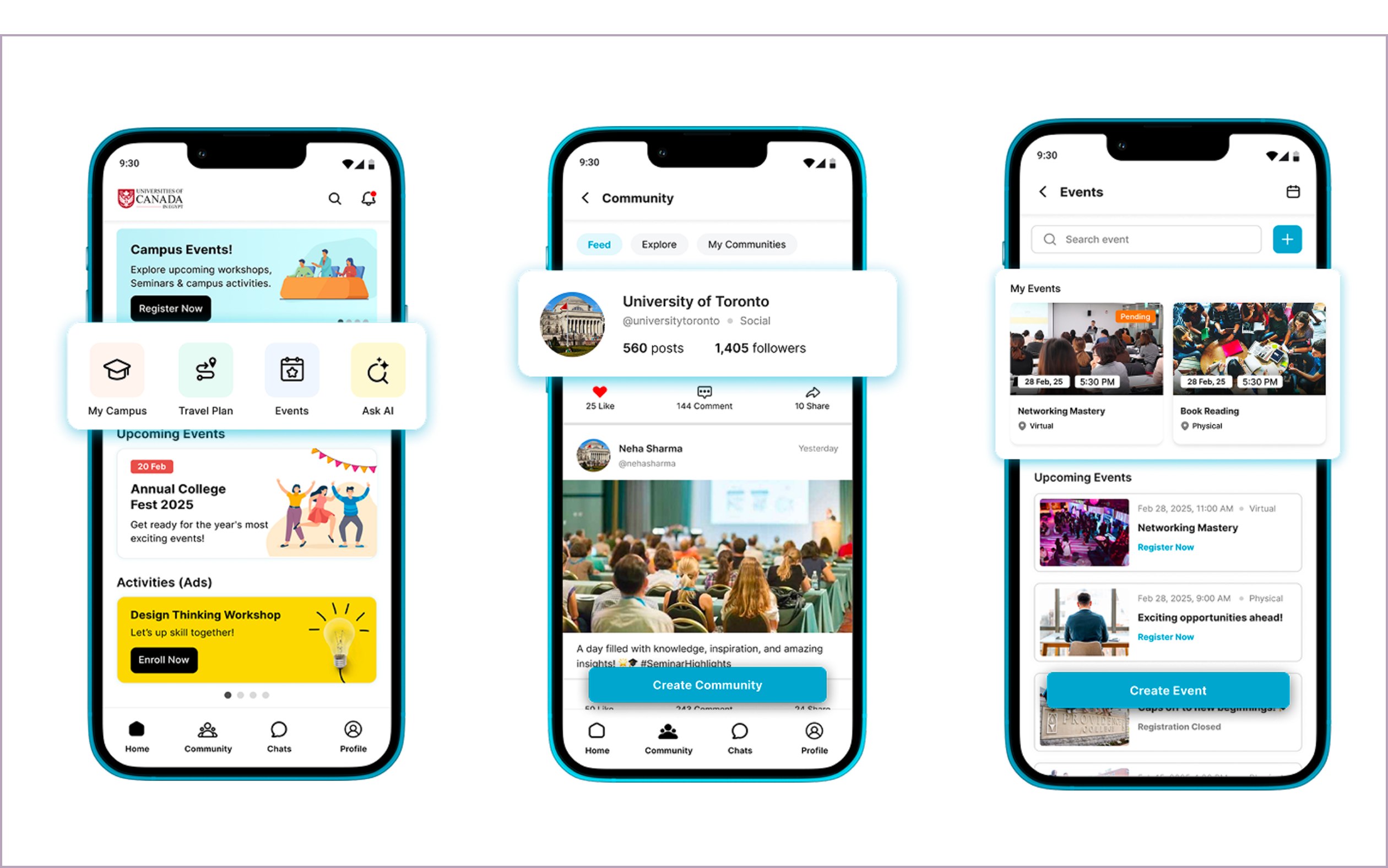 Intoto student engagement app screens showing campus events, community feed and events