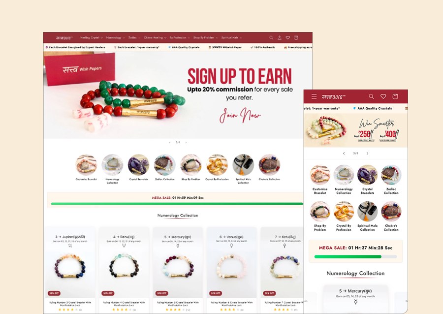 Satv Aura crystal jewellery brand website