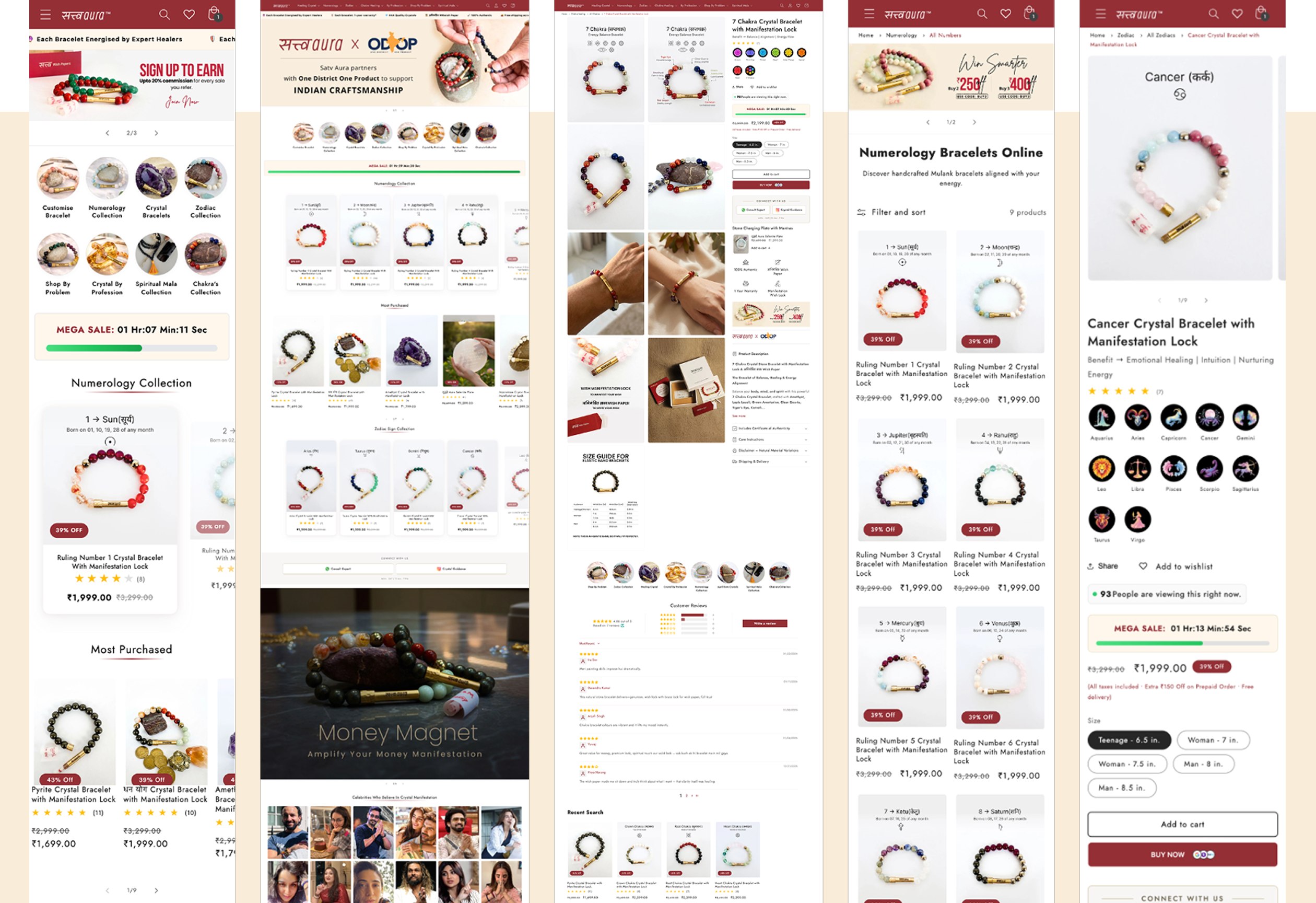 Satv Aura website screens showing product, collection and category pages