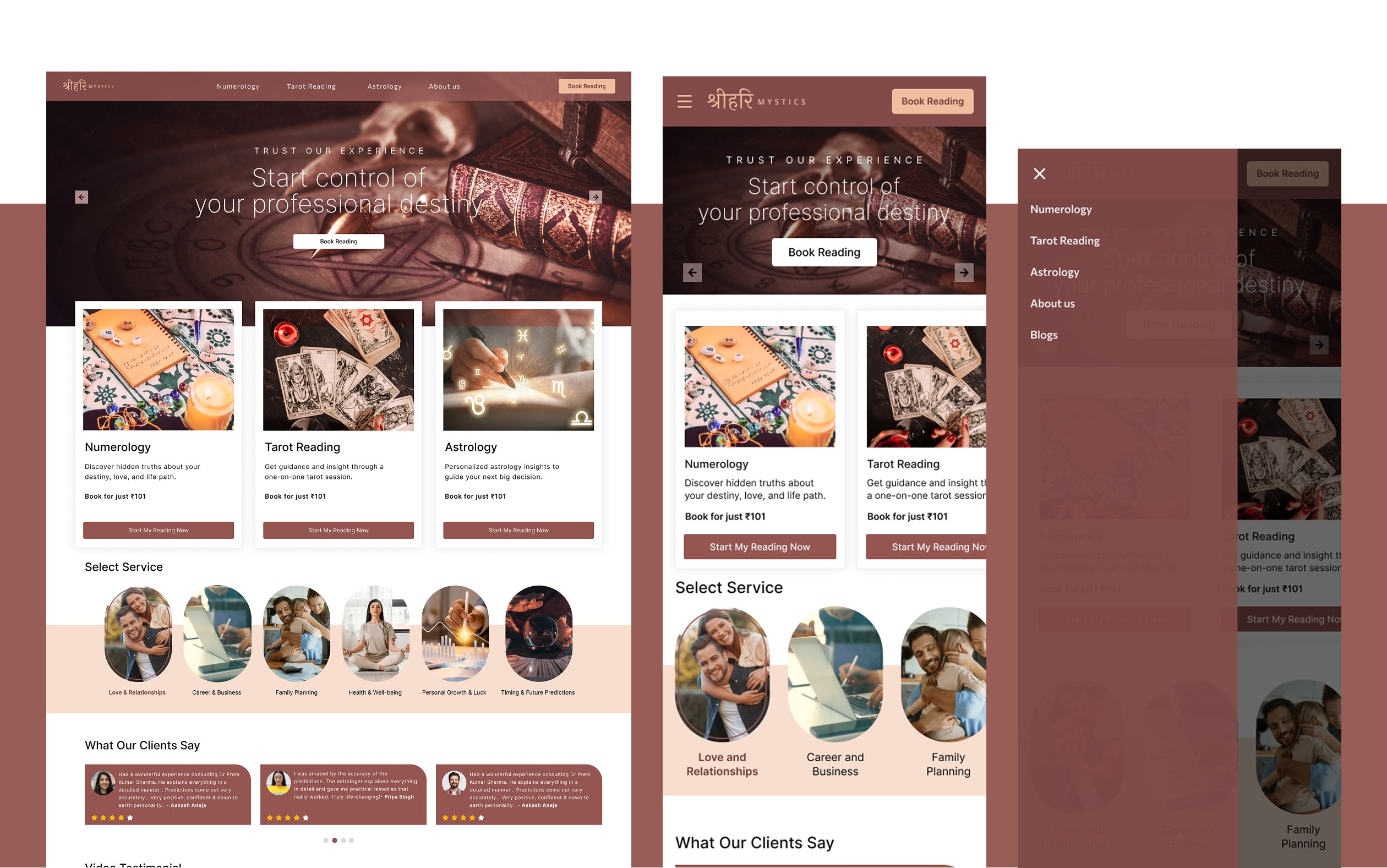 Shrihari Mystics astrology platform website hero and navigation