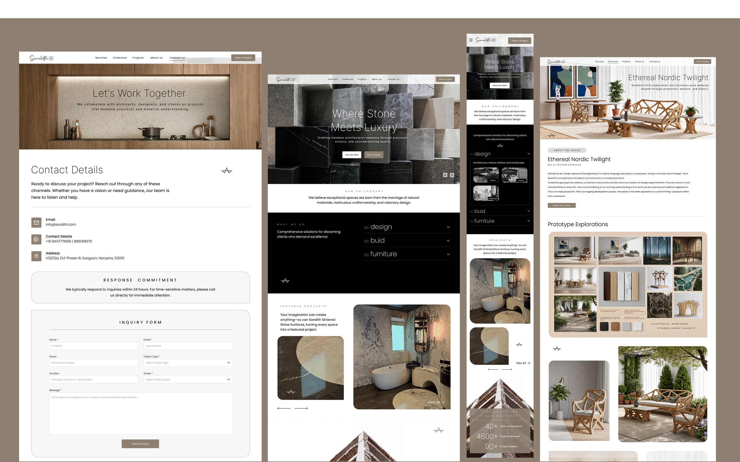 Soralith stone and furniture interior design website hero and moodboard