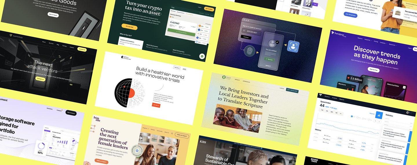Grid of product design and UX work samples across web, mobile and dashboard projects